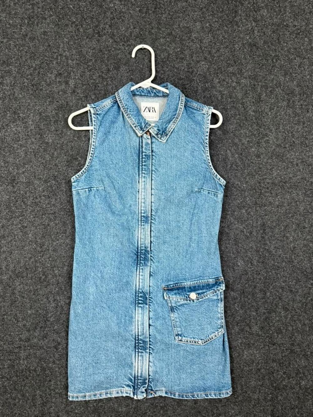 Zara women blue denim sleeveless zip front mini dress size medium